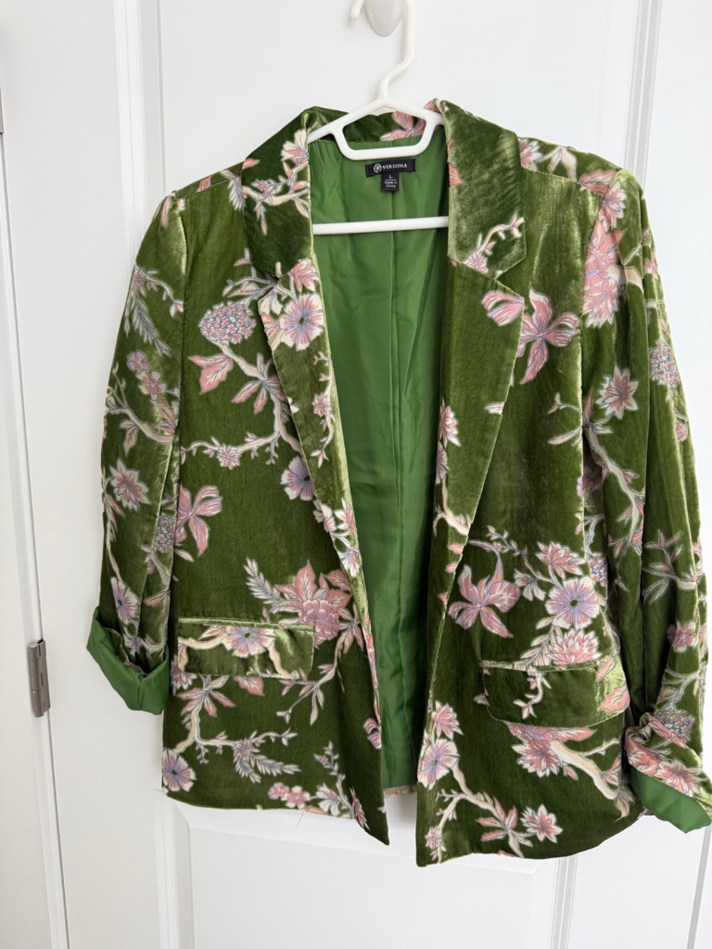 Versona Olive Green Velvet Blazer with Pink Floral print
